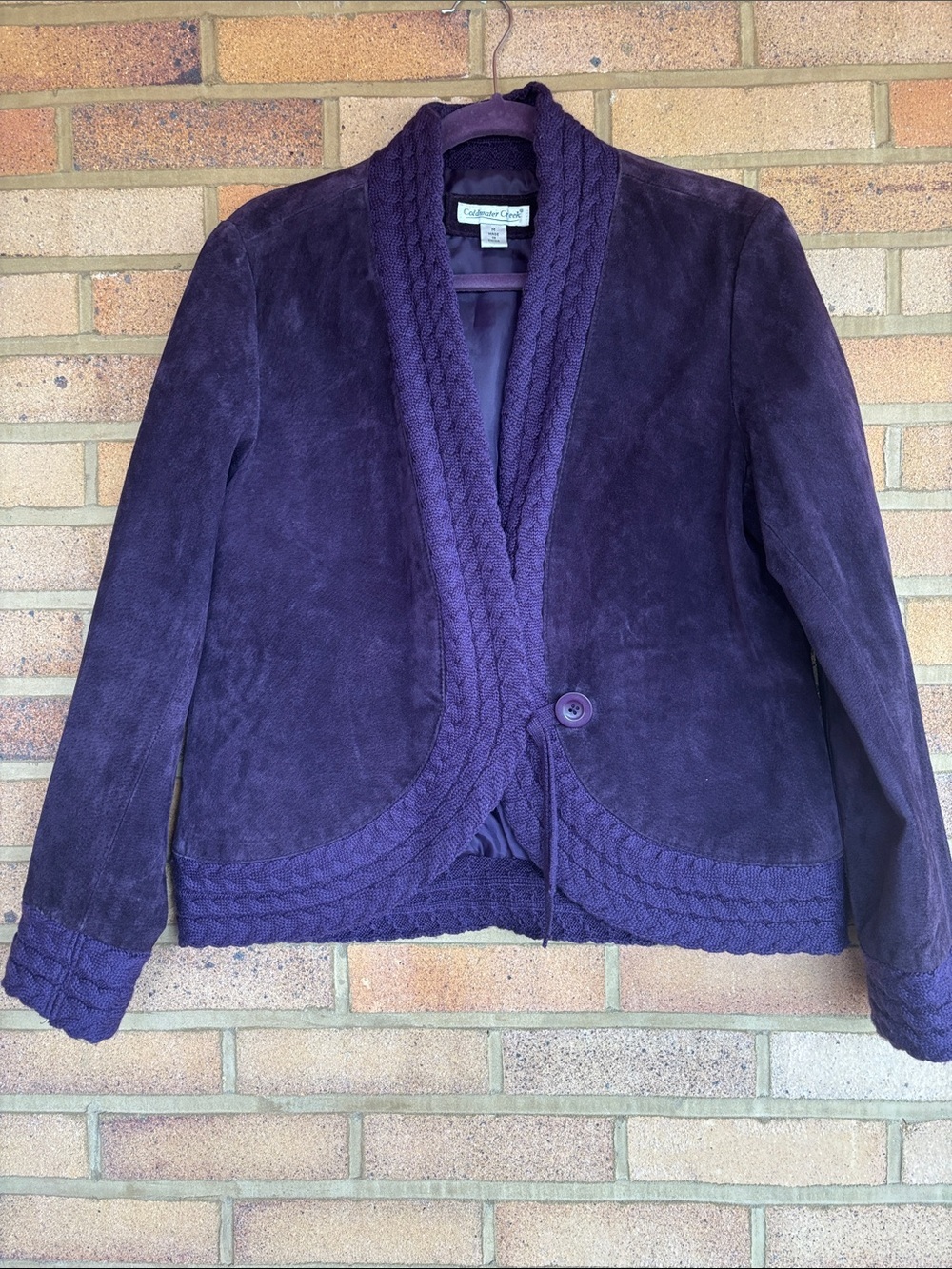 Coldwater Creek Deep Purple Cable Knit Trim 100% Suede Blazer M
